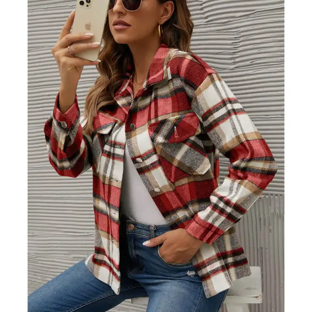 OOVOV Fashion Wool Blend Flannel Plaid Shirt For Women Long Sleeve Button Down Checked Coats