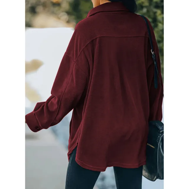 OOVOV Women Outdoor Button Down Thermal Fleece Loose Casual Jacket Top with Pockets Female Winter Long Sleeve Middle-Long Outwear Coats