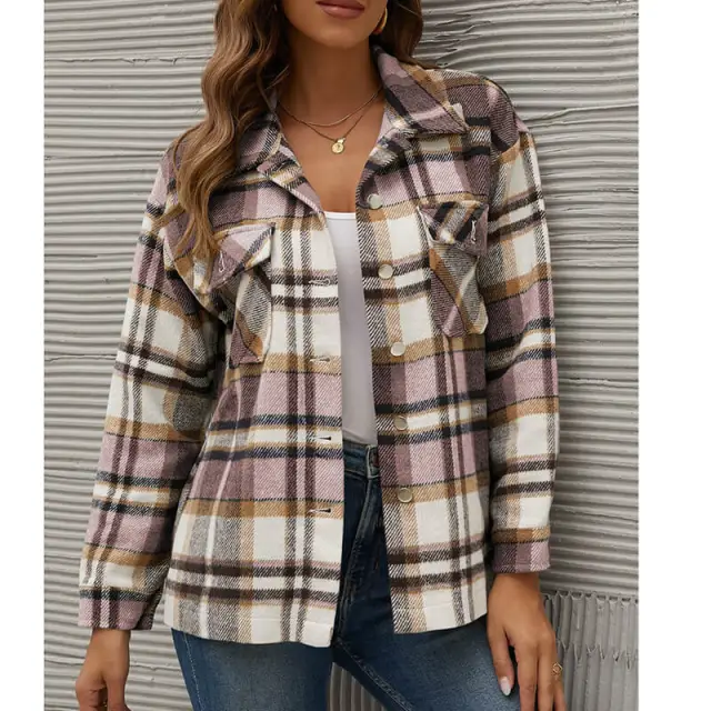 OOVOV Fashion Wool Blend Flannel Plaid Shirt For Women Long Sleeve Button Down Checked Coats