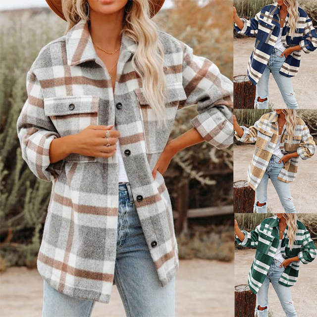 OOVOV Long Sleeve Loose Plaid Shirt Tweed Coat Female Cashmere Coat Fall Clothes For Women Winter Coats