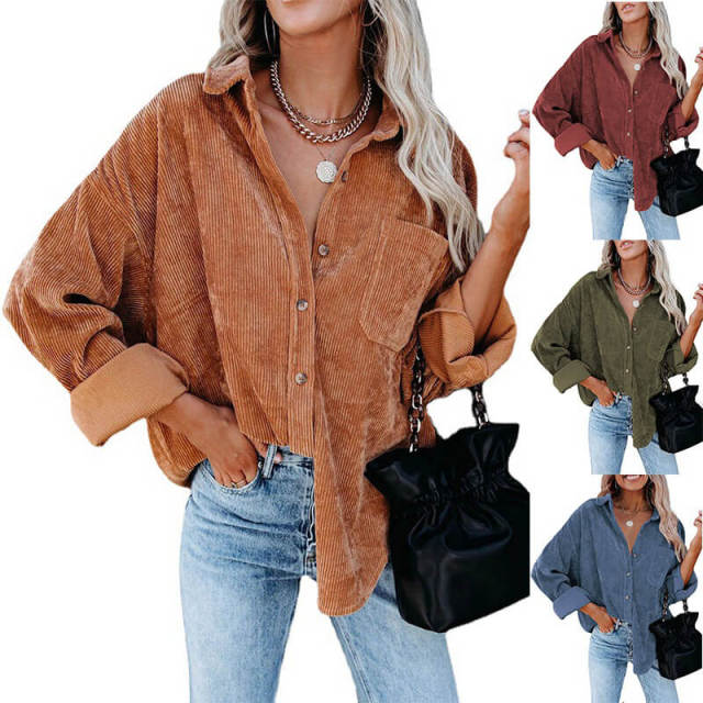 OOVOV Corduroy Shirts Women Tops Solid Blouses Female Long Sleeve Spring Autumn Ladies Shirts Loose Boyfriend Style Vintage Blouse