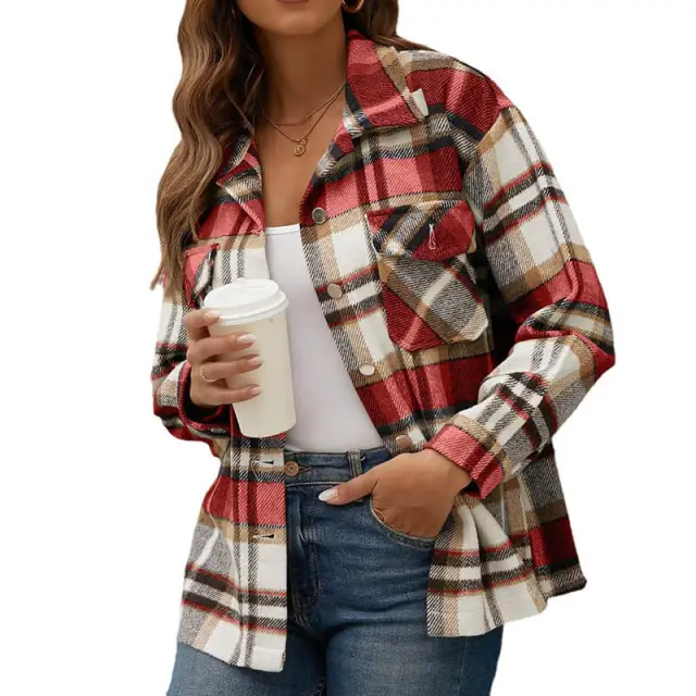 OOVOV Fashion Wool Blend Flannel Plaid Shirt For Women Long Sleeve Button Down Checked Coats