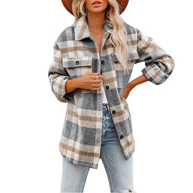 OOVOV Long Sleeve Loose Plaid Shirt Tweed Coat Female Cashmere Coat Fall Clothes For Women Winter Coats