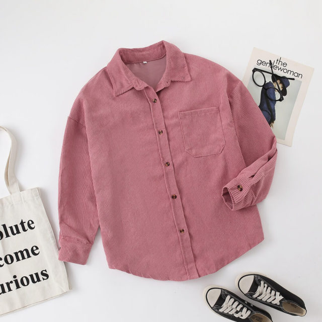 OOVOV Corduroy Shirts Women Tops Solid Blouses Female Long Sleeve Spring Autumn Ladies Shirts Loose Boyfriend Style Vintage Blouse
