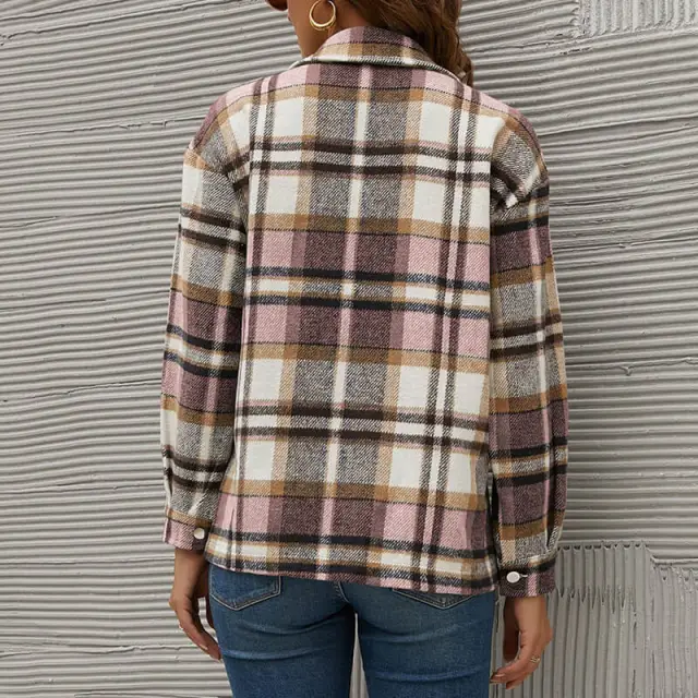 OOVOV Fashion Wool Blend Flannel Plaid Shirt For Women Long Sleeve Button Down Checked Coats