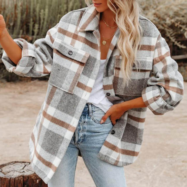 OOVOV Long Sleeve Loose Plaid Shirt Tweed Coat Female Cashmere Coat Fall Clothes For Women Winter Coats