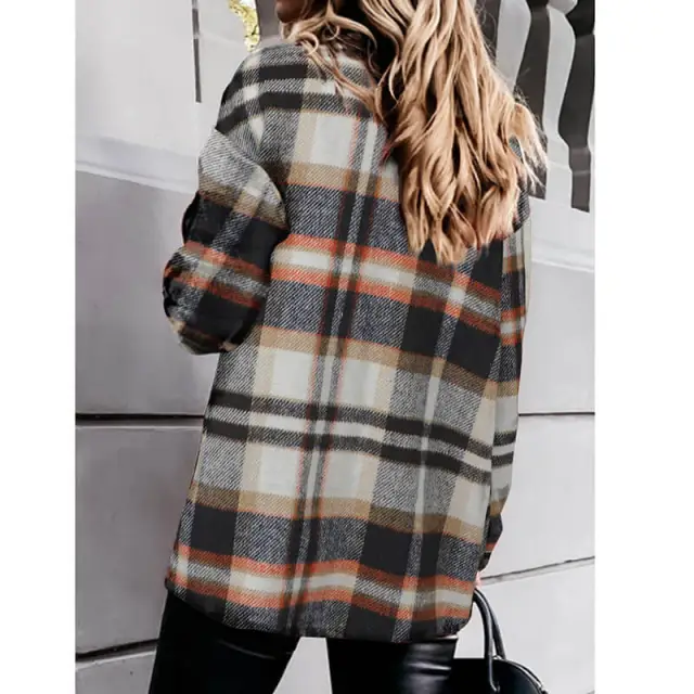 OOVOV Fashion Wool Blend Flannel Plaid Shirt For Women Long Sleeve Button Down Checked Coats