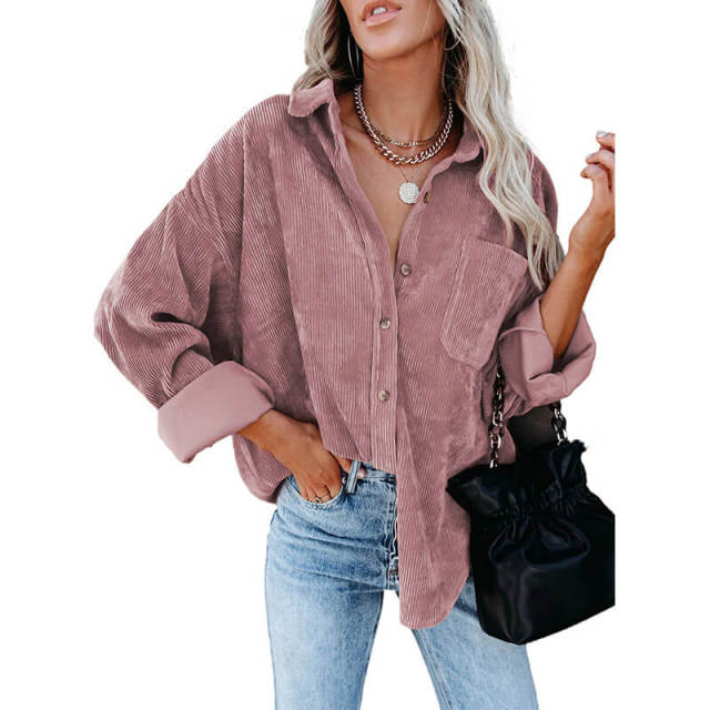 OOVOV Corduroy Shirts Women Tops Solid Blouses Female Long Sleeve Spring Autumn Ladies Shirts Loose Boyfriend Style Vintage Blouse