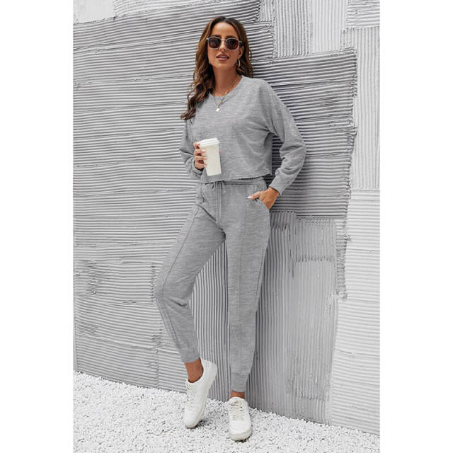 OOVOV Womens Tracksuit Set Autumn Fashion Casual Solid Color O-Neck Long Sleeve Top Female Drawstring Harem Pants Two Piece Suit