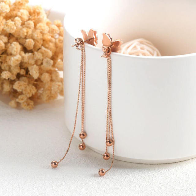 Fashion Butterfly Tassel Ear Pendant Rose Gold Titanium Steel Ear Clip Fashion Butterfly Ear Stud Earrings