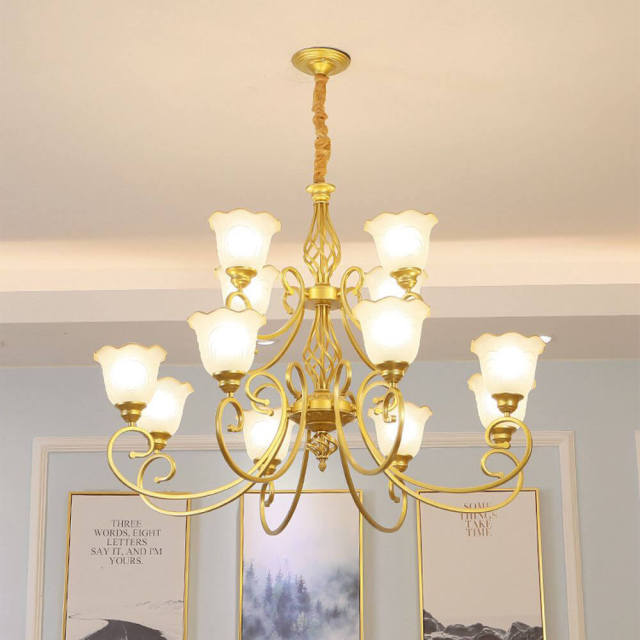 Luxury European Gold Living Room Chandelier Study Room Metal Chain Hanging Lamp Glass Lampshade Parlor Chandelier Lightings