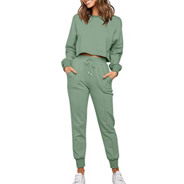 OOVOV Womens Tracksuit Set Autumn Fashion Casual Solid Color O-Neck Long Sleeve Top Female Drawstring Harem Pants Two Piece Suit