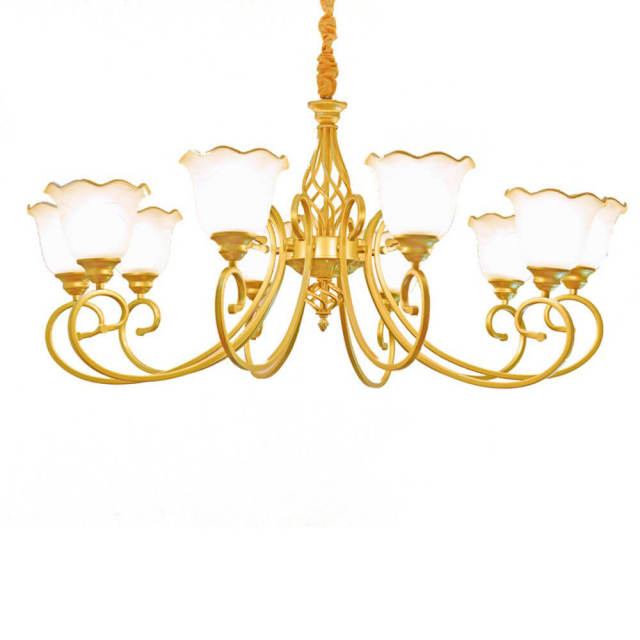 Luxury European Gold Living Room Chandelier Study Room Metal Chain Hanging Lamp Glass Lampshade Parlor Chandelier Lightings