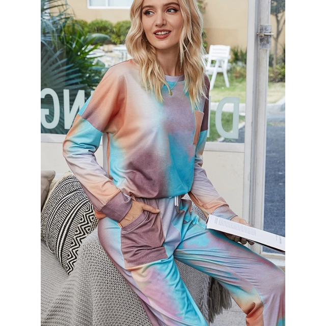 OOVOV Tracksuit Women Loose Pajamas Gradient Tie Dye 2 Piece Sets Long Sleeve Home Pant Suit Lounge Wear Plus Size Sweatsuit