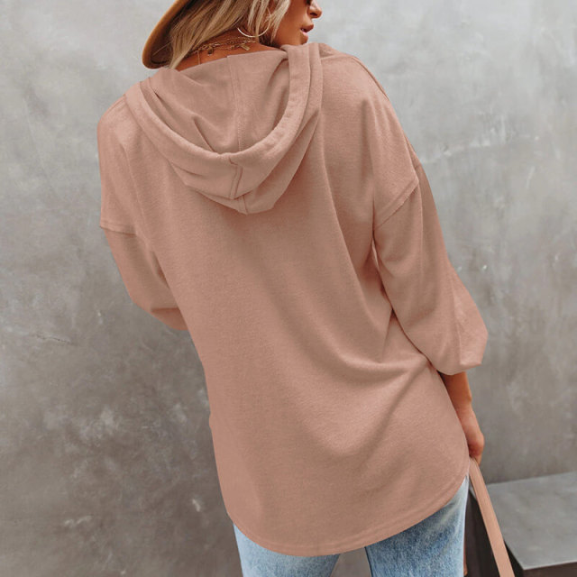 OOVOV Women Solid Color Loose Hooded Sweatshirt Autumn Pullover Coats Long Sleeve Button Casual Large Size Sweatshirt Clothing