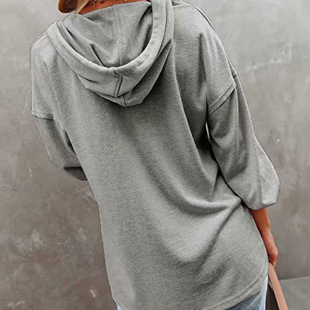 OOVOV Women Solid Color Loose Hooded Sweatshirt Autumn Pullover Coats Long Sleeve Button Casual Large Size Sweatshirt Clothing