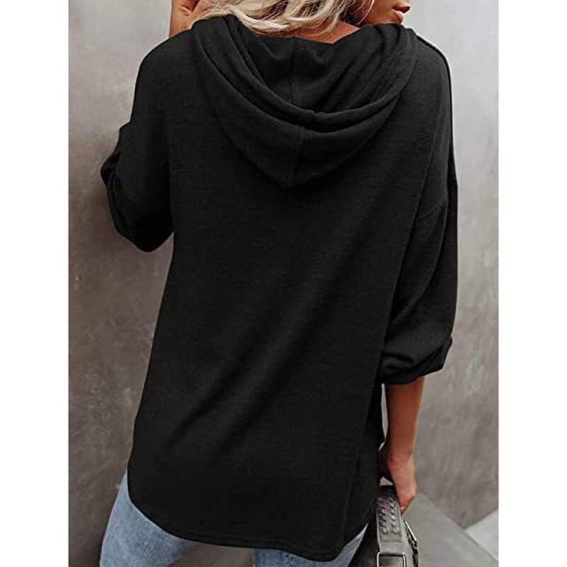 OOVOV Women Solid Color Loose Hooded Sweatshirt Autumn Pullover Coats Long Sleeve Button Casual Large Size Sweatshirt Clothing