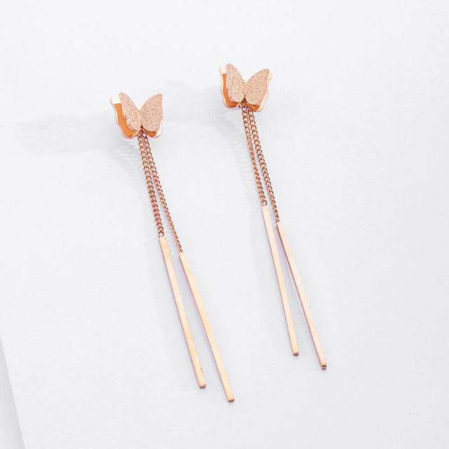 Fashion Butterfly Tassel Ear Pendant Rose Gold Titanium Steel Ear Clip Fashion Butterfly Ear Stud Earrings