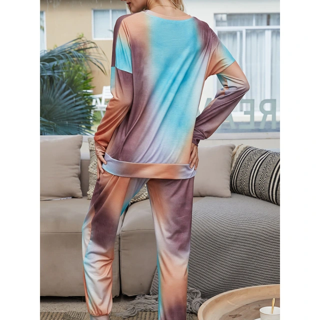 OOVOV Tracksuit Women Loose Pajamas Gradient Tie Dye 2 Piece Sets Long Sleeve Home Pant Suit Lounge Wear Plus Size Sweatsuit