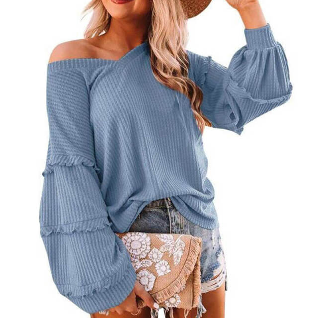 OOVOV Autumn Cotton Tops Women Waffle Lanterns Sleeve V-neck Ruffles New Loose Tees