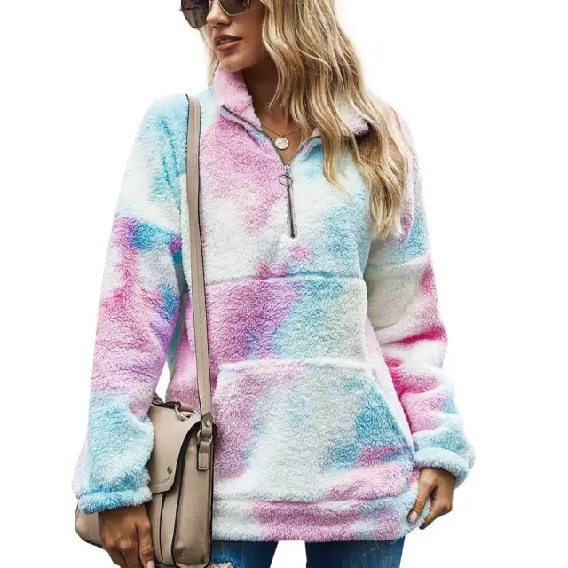 OOVOV Women Winter Fleece Sweatshirt Warmer Lapel Tie Dye Colorful Patchwork Plush Tops Long Sleeve Casual Zip Lady Coat