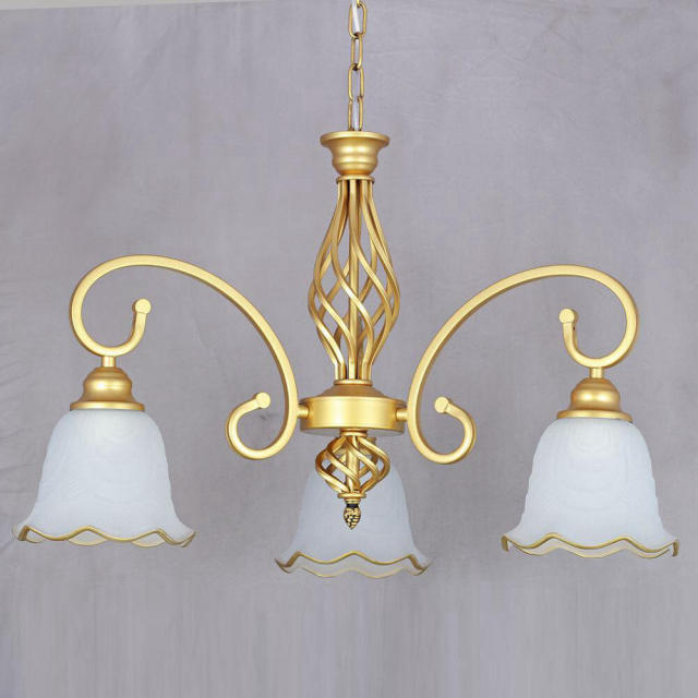 Luxury European Gold Living Room Chandelier Study Room Metal Chain Hanging Lamp Glass Lampshade Parlor Chandelier Lightings