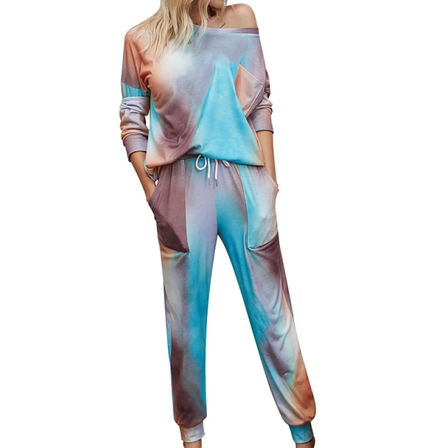 OOVOV Tracksuit Women Loose Pajamas Gradient Tie Dye 2 Piece Sets Long Sleeve Home Pant Suit Lounge Wear Plus Size Sweatsuit