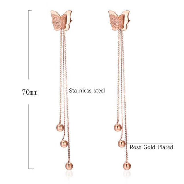 Fashion Butterfly Tassel Ear Pendant Rose Gold Titanium Steel Ear Clip Fashion Butterfly Ear Stud Earrings