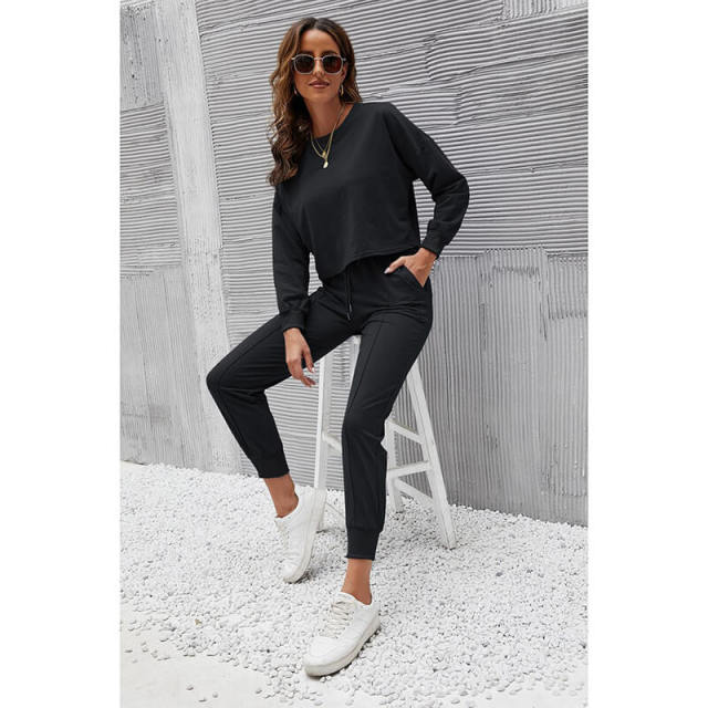 OOVOV Womens Tracksuit Set Autumn Fashion Casual Solid Color O-Neck Long Sleeve Top Female Drawstring Harem Pants Two Piece Suit