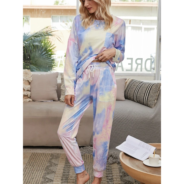 OOVOV Tracksuit Women Loose Pajamas Gradient Tie Dye 2 Piece Sets Long Sleeve Home Pant Suit Lounge Wear Plus Size Sweatsuit