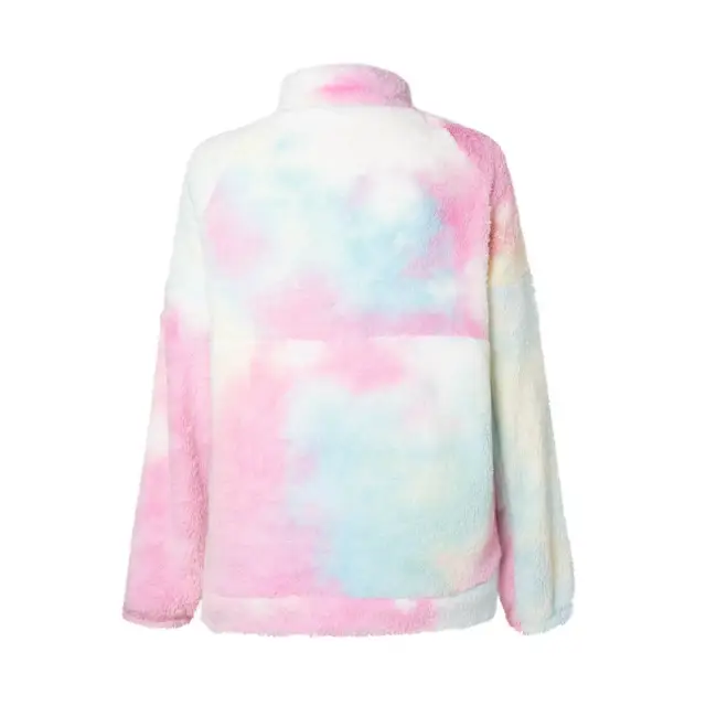 OOVOV Women Winter Fleece Sweatshirt Warmer Lapel Tie Dye Colorful Patchwork Plush Tops Long Sleeve Casual Zip Lady Coat