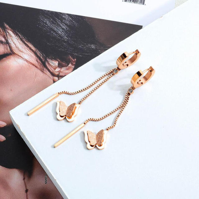 Fashion Butterfly Tassel Ear Pendant Rose Gold Titanium Steel Ear Clip Fashion Butterfly Ear Stud Earrings