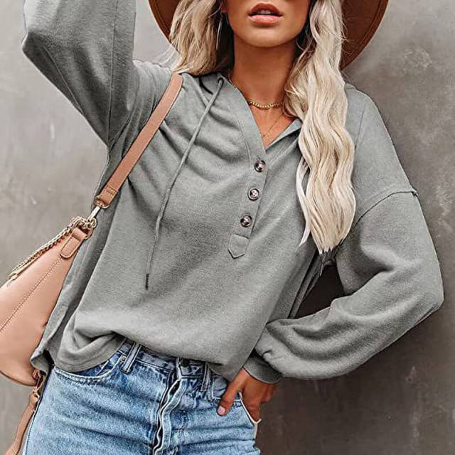 OOVOV Women Solid Color Loose Hooded Sweatshirt Autumn Pullover Coats Long Sleeve Button Casual Large Size Sweatshirt Clothing