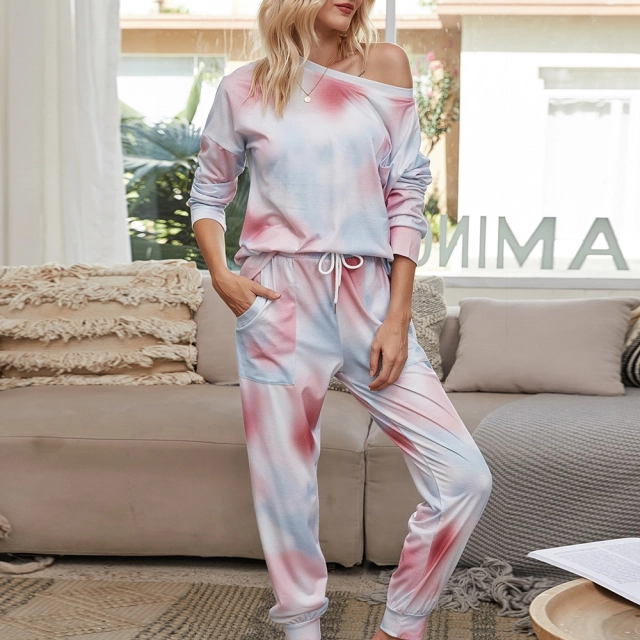 OOVOV Tracksuit Women Loose Pajamas Gradient Tie Dye 2 Piece Sets Long Sleeve Home Pant Suit Lounge Wear Plus Size Sweatsuit