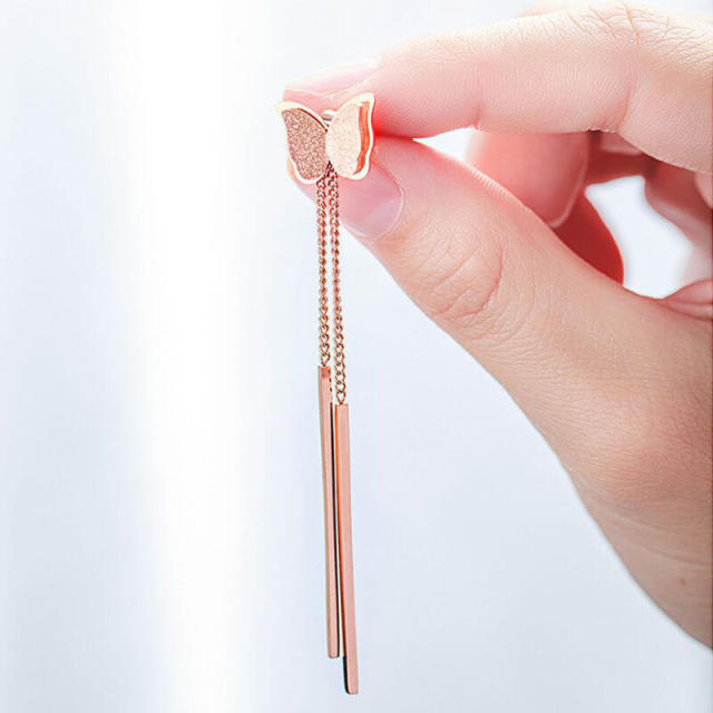 Fashion Butterfly Tassel Ear Pendant Rose Gold Titanium Steel Ear Clip Fashion Butterfly Ear Stud Earrings