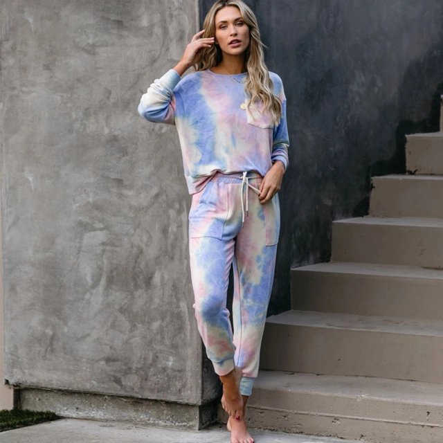 OOVOV Tracksuit Women Loose Pajamas Gradient Tie Dye 2 Piece Sets Long Sleeve Home Pant Suit Lounge Wear Plus Size Sweatsuit