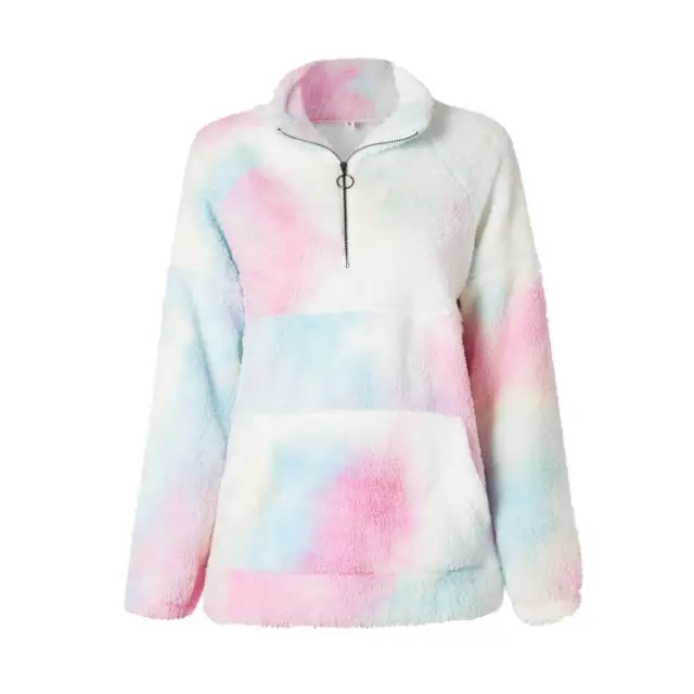 OOVOV Women Winter Fleece Sweatshirt Warmer Lapel Tie Dye Colorful Patchwork Plush Tops Long Sleeve Casual Zip Lady Coat