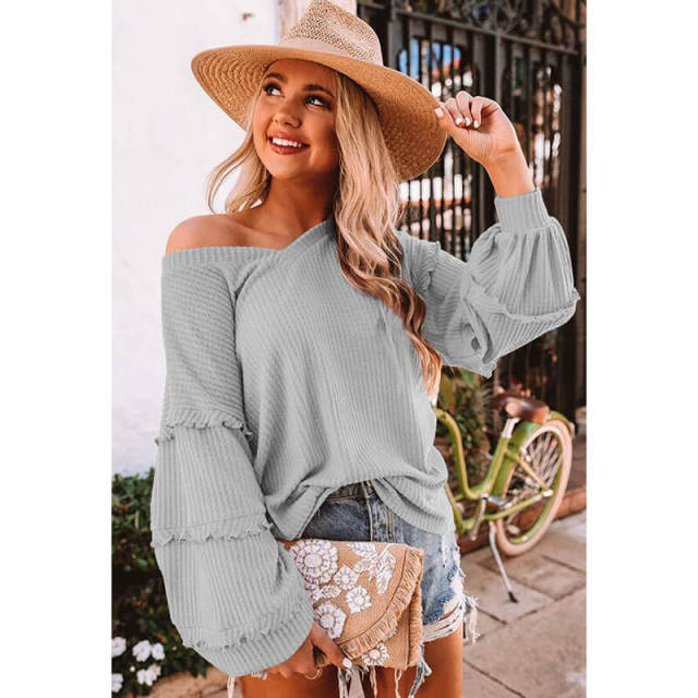 OOVOV Autumn Cotton Tops Women Waffle Lanterns Sleeve V-neck Ruffles New Loose Tees