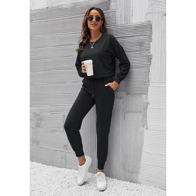 OOVOV Womens Tracksuit Set Autumn Fashion Casual Solid Color O-Neck Long Sleeve Top Female Drawstring Harem Pants Two Piece Suit