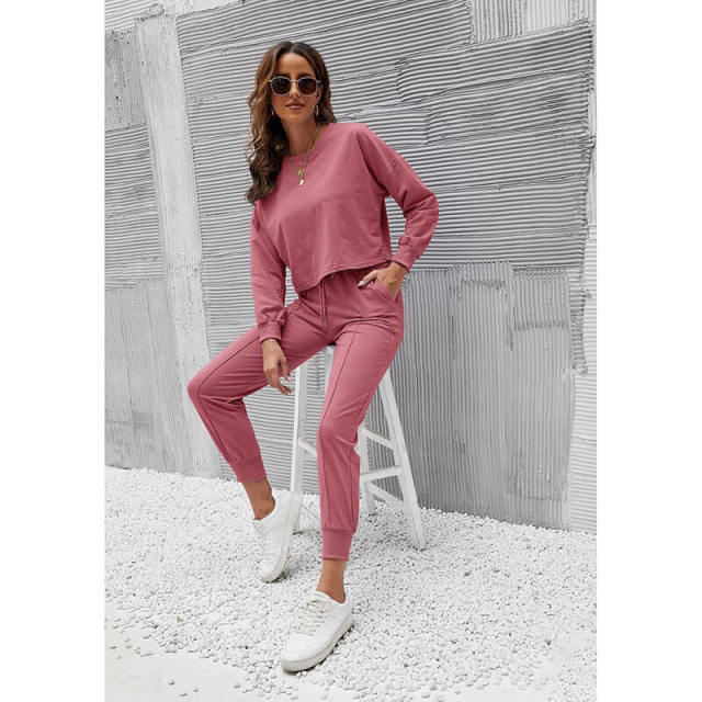 OOVOV Womens Tracksuit Set Autumn Fashion Casual Solid Color O-Neck Long Sleeve Top Female Drawstring Harem Pants Two Piece Suit