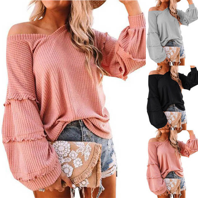 OOVOV Autumn Cotton Tops Women Waffle Lanterns Sleeve V-neck Ruffles New Loose Tees