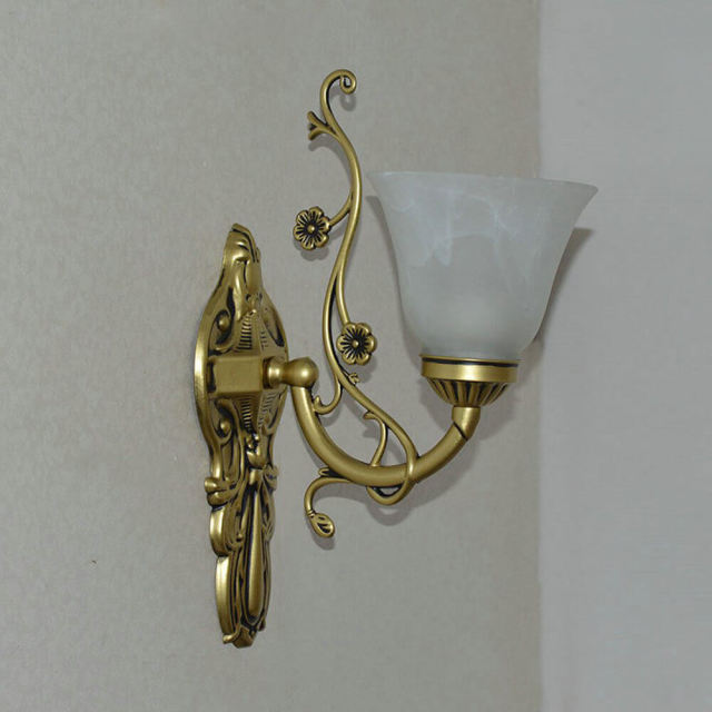 European Glass Shade Bedroom Bedsides Wall Lamp Bronze Arm Hotel Corridor Wall Light Retro Mirror Front Wall Lighting Fixtures