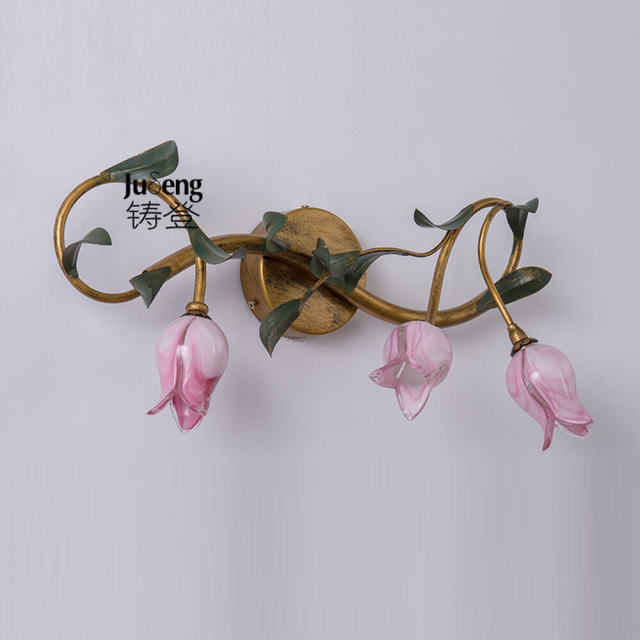 European Bronze Metal Leaves Bathroom Wall Lamp Glass Tulip Lampshade Washroom Wall Sconces Mirror Front Flower Wall Lighting