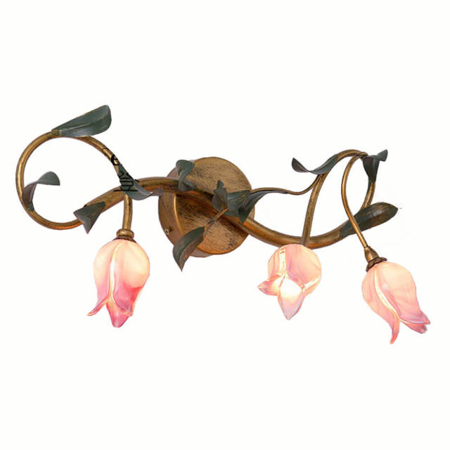 European Bronze Metal Leaves Bathroom Wall Lamp Glass Tulip Lampshade Washroom Wall Sconces Mirror Front Flower Wall Lighting