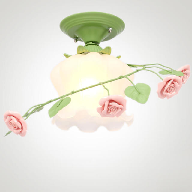 OOVOV Flowers Ceiling Lights Creative 30cm Green Iron Close to Ceiling Lighting with Glass Lampshade for Kitchen Hallway Balcony