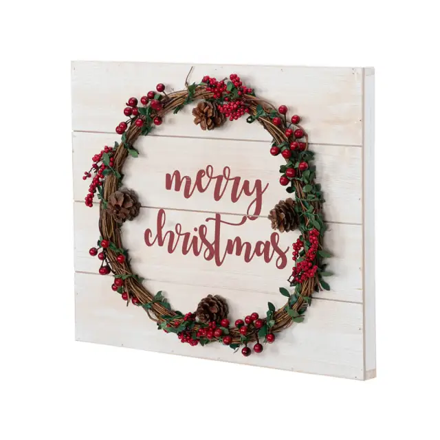 OOVOV Merry Christmas Sign 18.9" Christmas Welcome Sign For Front Door Wooden Wall Hanging With Merry Christmas Garland For Indoor Outdoor Christmas Decor