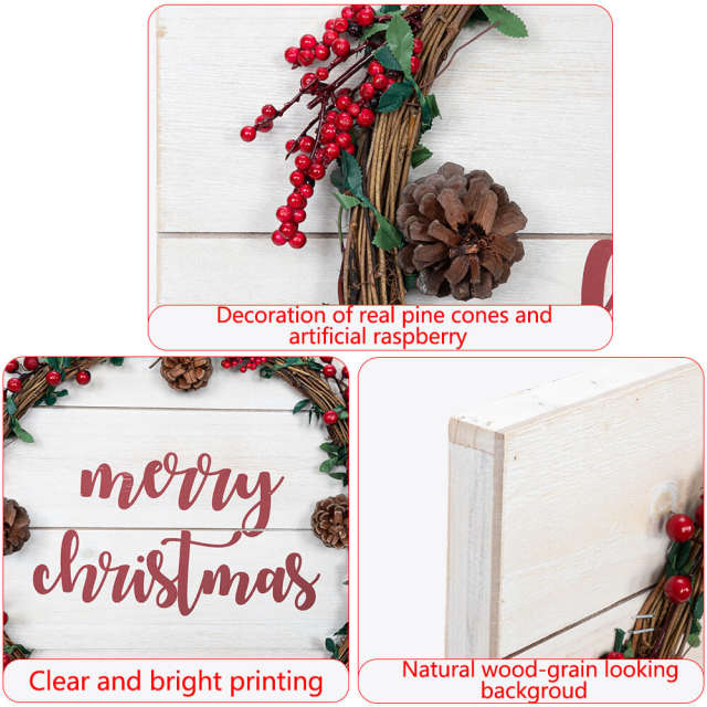 OOVOV Merry Christmas Sign 18.9" Christmas Welcome Sign For Front Door Wooden Wall Hanging With Merry Christmas Garland For Indoor Outdoor Christmas Decor
