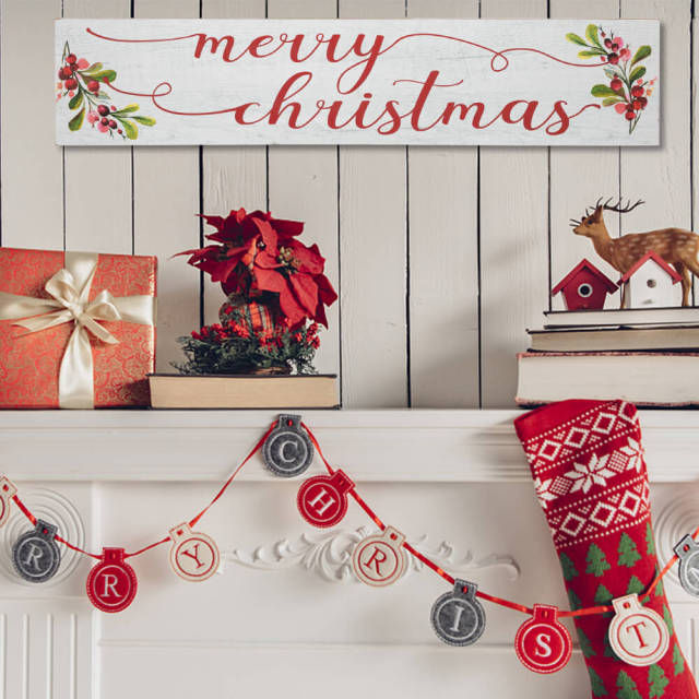 OOVOV 44.8&quot; Merry Christmas Wooden Sign Wall Decor Hanging Decorative Sign Christmas Decorations Wall Art for Home Kitchen Living Room Fireplace Indoor Holiday Decor