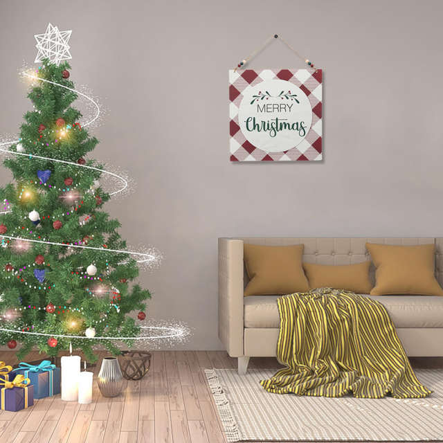 OOVOV Square Merry Christmas Wall Hanging Red And White Plaid Christmas Wooden Decor Wall Sign 14.96" x 14.96"