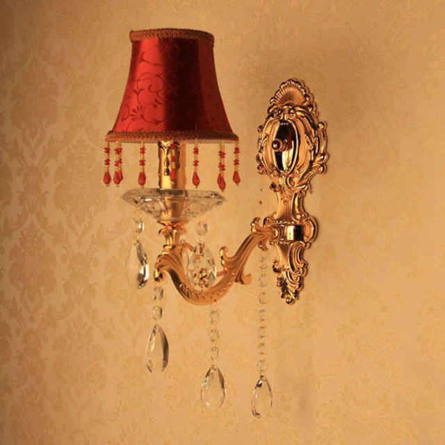 European Gold Carved Alloy Fabric Crystal Corridor Wall Lights Bedroom Bedsides Wall Sconces Candle Style Living Room Wall Light